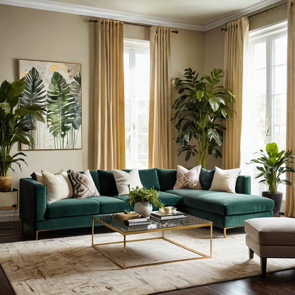 A beautifully styled living room showcasing upscale furnishings like an elegant sofa, chic coffee table, and luxurious curtains. Soft, warm lighting enhances the cozy atmosphere with a splash of greenery from indoor plants. Textured wall art adds a touch of sophistication, while a plush rug ties the space together. modern style, vibrant colors, super-realistic.