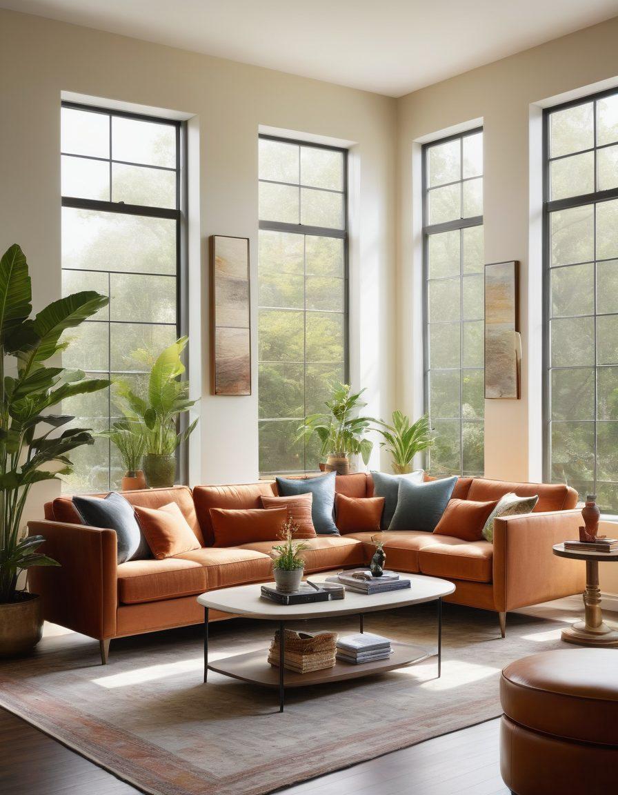 A beautifully styled living room featuring Mitchell's Premium Furniture Collection, showcasing a mix of modern and vintage decor elements. Incorporate stylish furniture pieces like a plush sofa, elegant coffee table, and unique art pieces on the walls. Include natural light streaming in through large windows, surrounded by houseplants for a refreshing touch. The atmosphere should feel inviting and curated, reflecting a blend of comfort and sophistication. super-realistic. vibrant colors. soft sunlight.